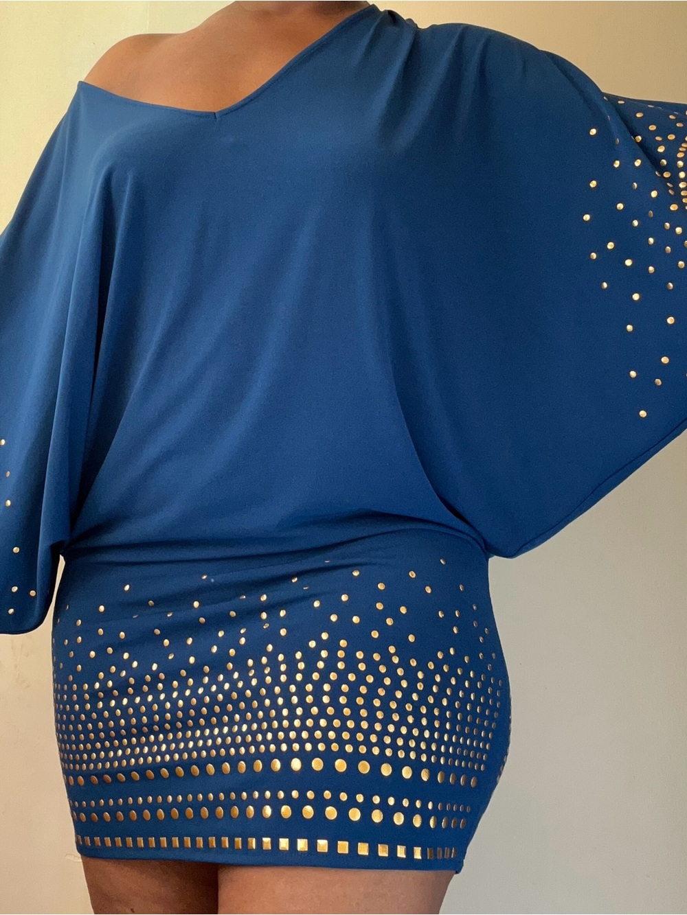 Women’s One-Shoulder Blue Mini Dress with Gold Stud Detail